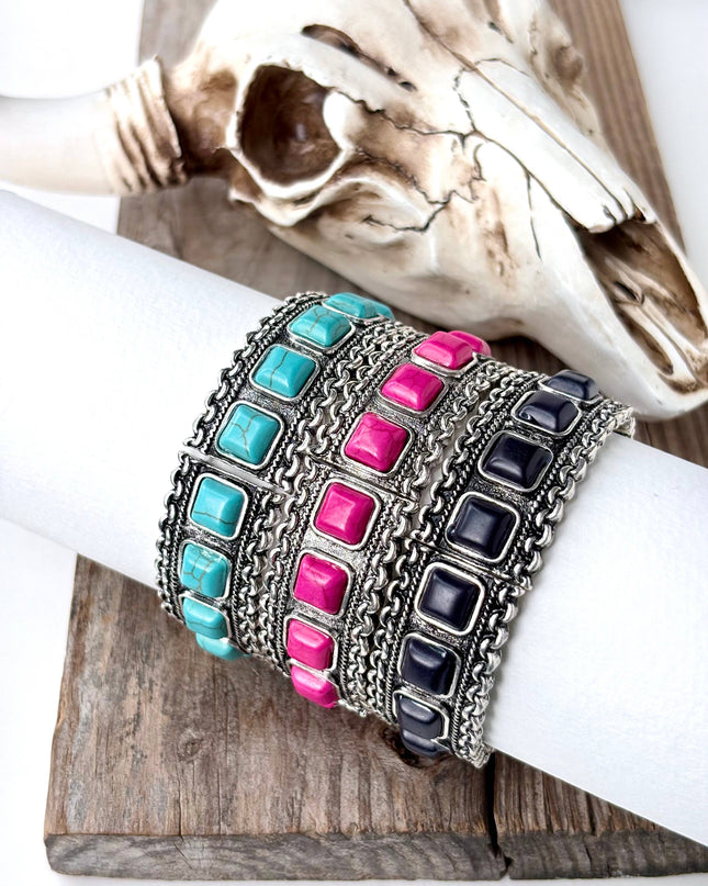 Turquoise Square Stone Studded Western Stretch Bracelet - Pink