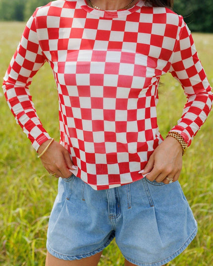 Red Checkerboard Mesh Top