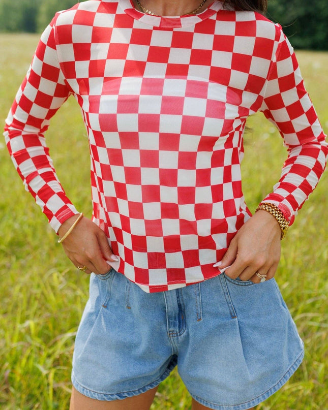 Red Checkerboard Mesh Top