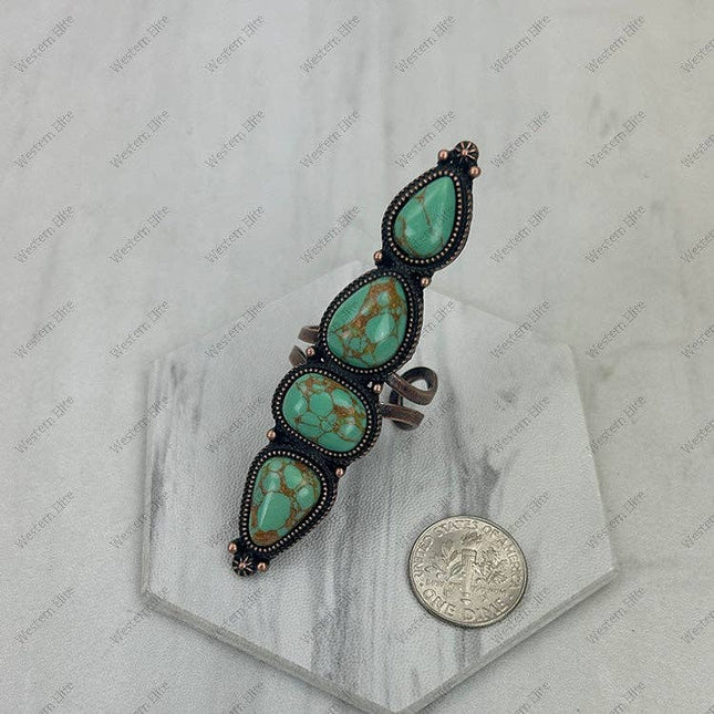 RGY231205-01CP-GRN                 Copper metal with green turquoise stone long bar Ring