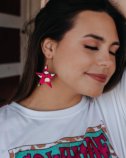 Shine bright, fuchsia star cowhide earring