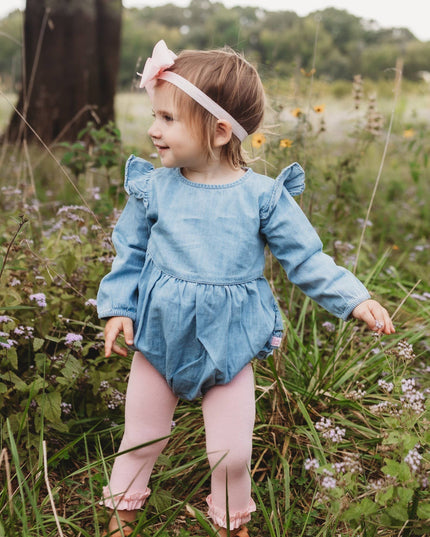 Baby Girls Light Wash Denim Long Sleeve Flutter Bubble Romper