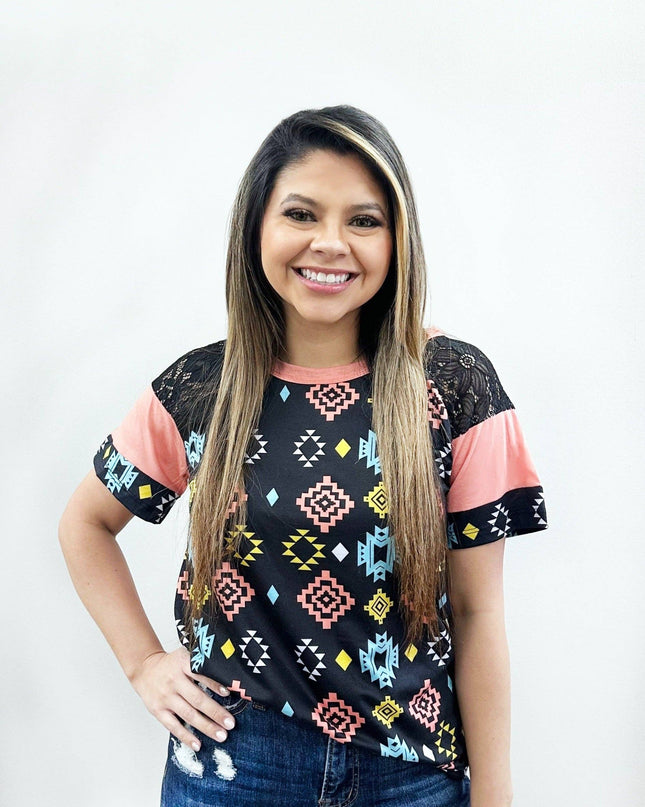 Mint, Pink & Mustard Aztec Lace Top