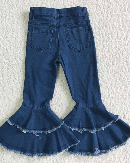 Baby girls navy blue bleached double ruffle denim pants jean