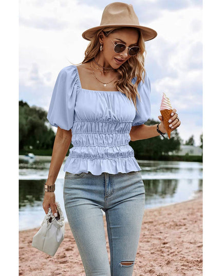 Solid Square Neck Shirred Flounce Sleeve Peplum Blouse