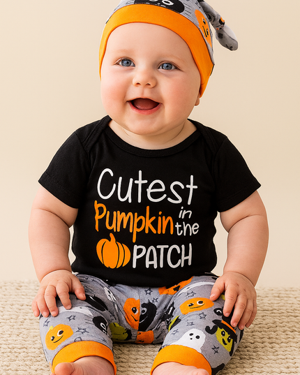 Black Cutest Pumpkin Halloween 3-Piece Baby Outfit Set