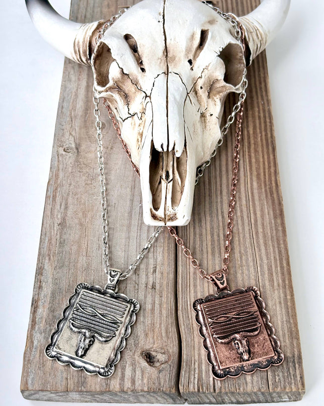Western Style Steerhead Rectangle Pendant Necklace