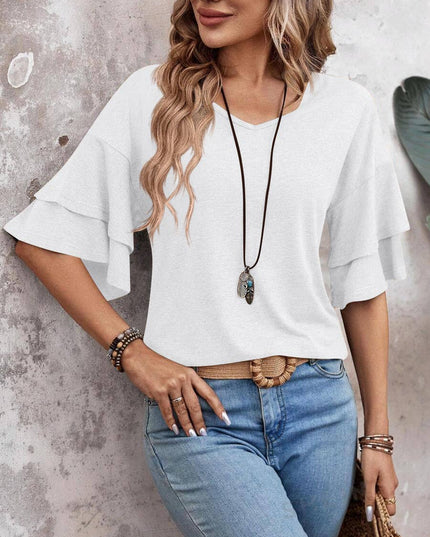 Solid Colour V-Neck Double Layer Sleeve Loose T-Shirt