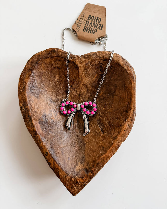 Western Style Coquette Bow Stone Pendant Necklace