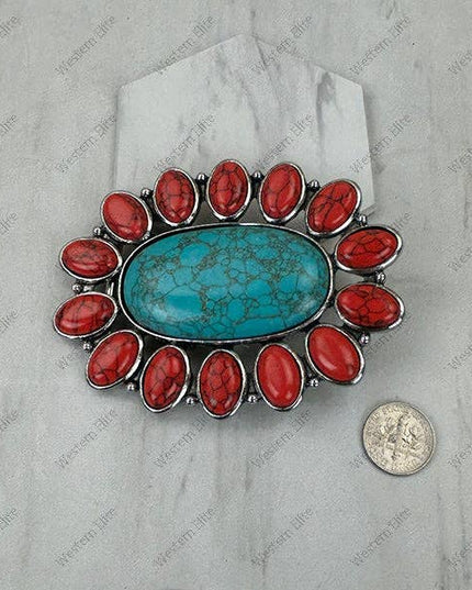 BPD251230-01-RED-BLUE                     Silver metal with red and blue turquoise stone large oval Belt buckle
