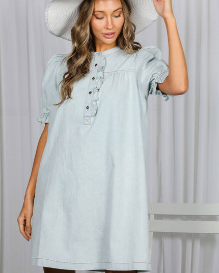 Ruffled Button Placket Accent 100%Cotton Knee Dress VD60753A