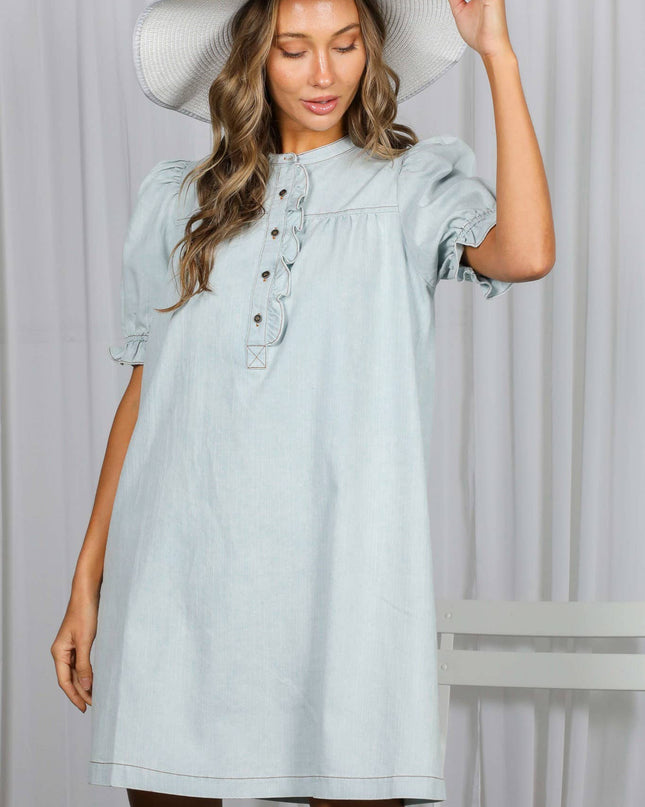Ruffled Button Placket Accent 100%Cotton Knee Dress VD60753A