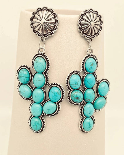 Western Style Turquoise Cactus Pendant Post Earrings - WJ