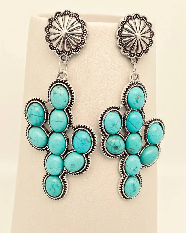 Western Style Turquoise Cactus Pendant Post Earrings - WJ