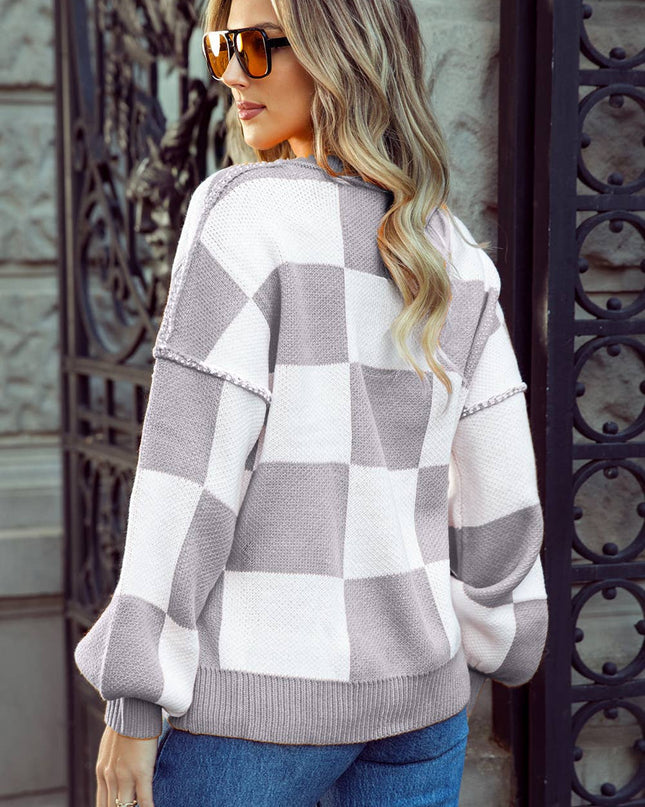 Checkered Oversized Crew Neck Knit Sweater | 10 Colors