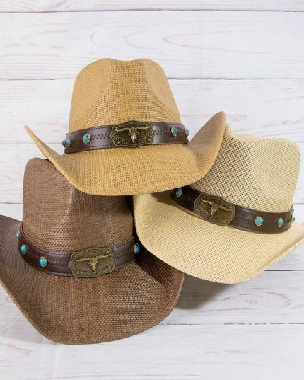 Western Longhorn Strap Turquoise Accent Cowboy Hat