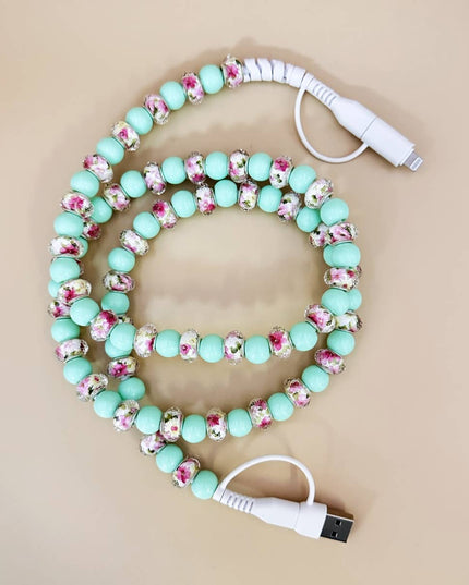 FLOWER BEADED PHONE CHARGING CABLE 4-IN-1  TURQUOISE