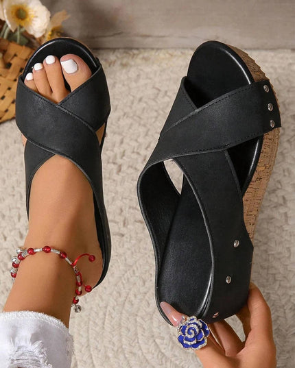 Criss Cross Cut Out PU Leather Wedge Slippers