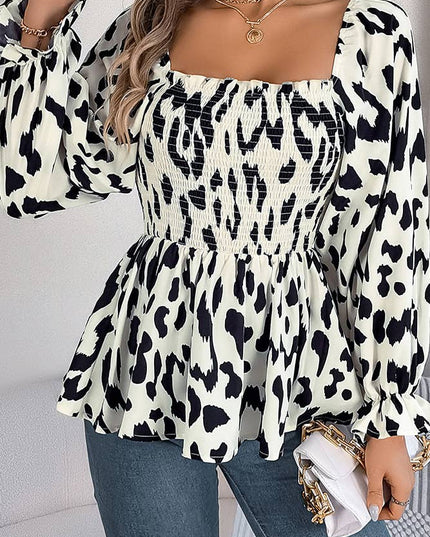 Leopard Square Neck Long Sleeves Frilled Blouse