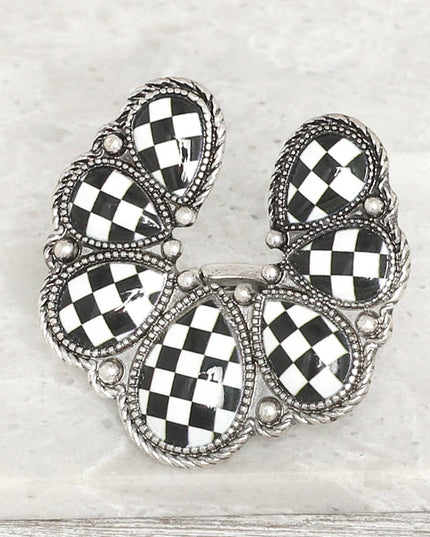 Western Checker Board Squash Blossom Ring