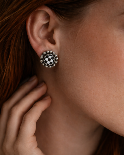 Midnight Checkered Concho Stud Earrings