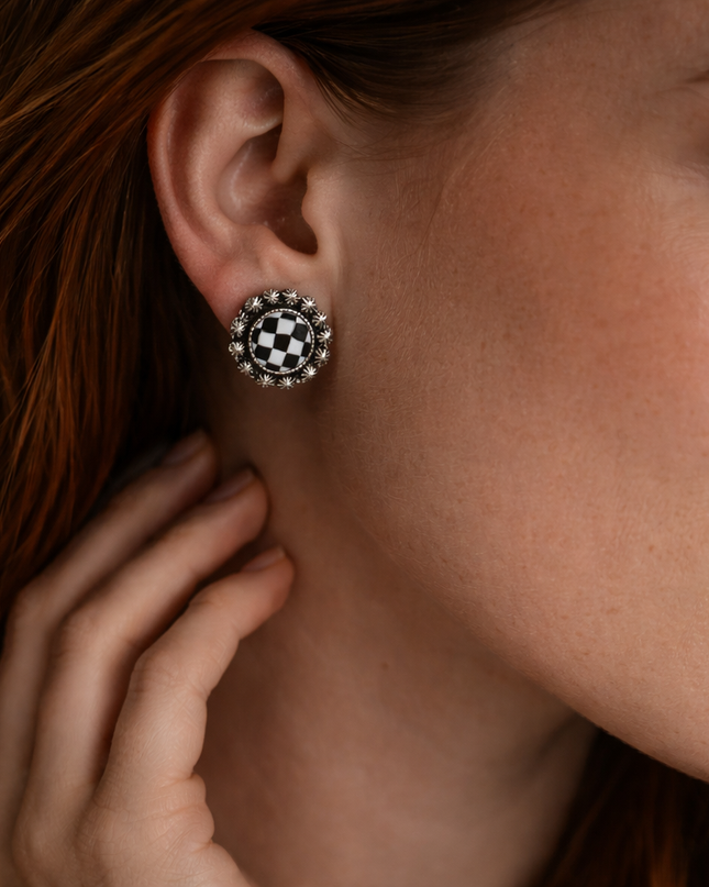Midnight Checkered Concho Stud Earrings