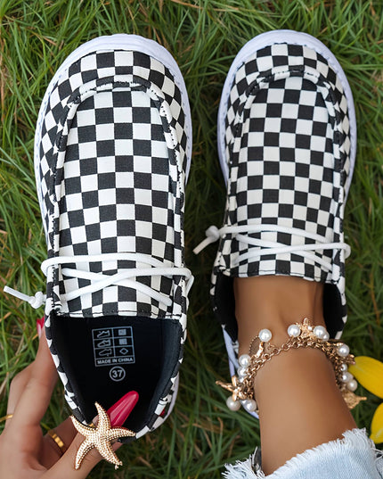 Checkered Leopard Print Lace-up Detail Flat Shoes