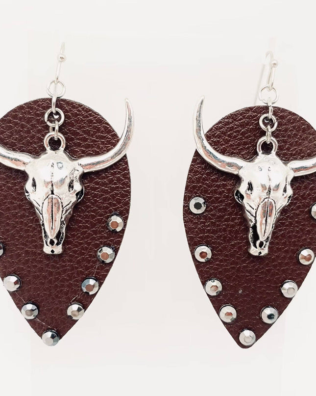 Western Style Metal Bull Head Pendant Leather Earrings