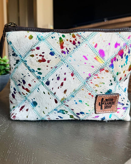 Checkered Western Cowhide Makeup Bag Travel