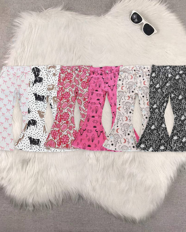 pink bow Baby Girls Western Bell Bottom Denim Jeans Pants