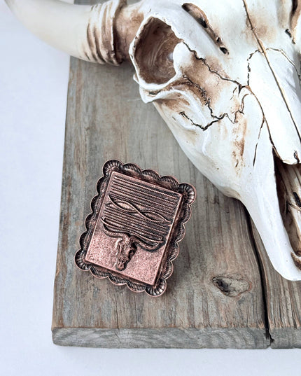 Western Style Steerhead Stitch Rectangular Pendant Cuff Ring