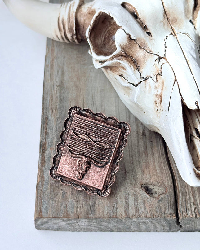 Western Style Steerhead Stitch Rectangular Pendant Cuff Ring