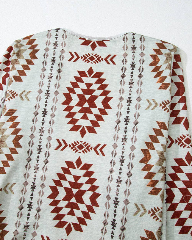 Brown Western Aztec Printed Open Front Long Cardigan