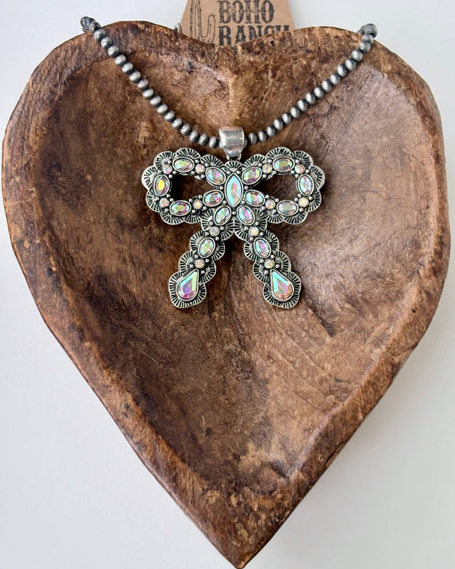 Western Style Coquette Bow Stone Pendant Necklace
