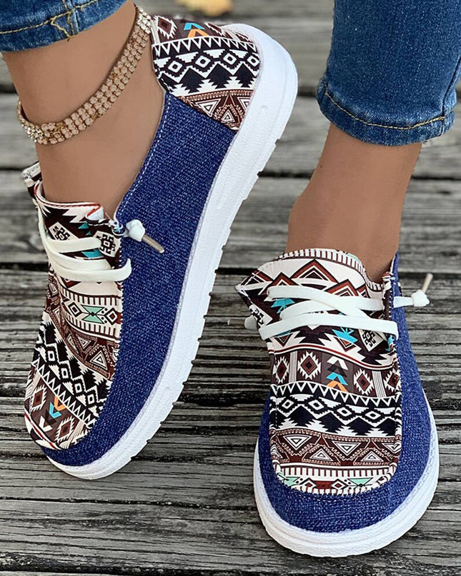 Vintage Western Patchwork Lace-up Decor Flat Shoes
