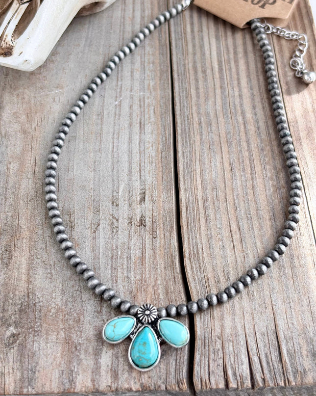Western Turquoise Stone Pendant Navajo Pearl Choker Necklace