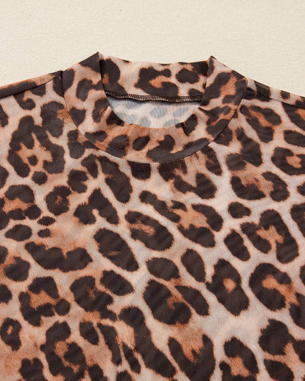 Brown Leopard Mock Neck Long Sleeve Mesh Top