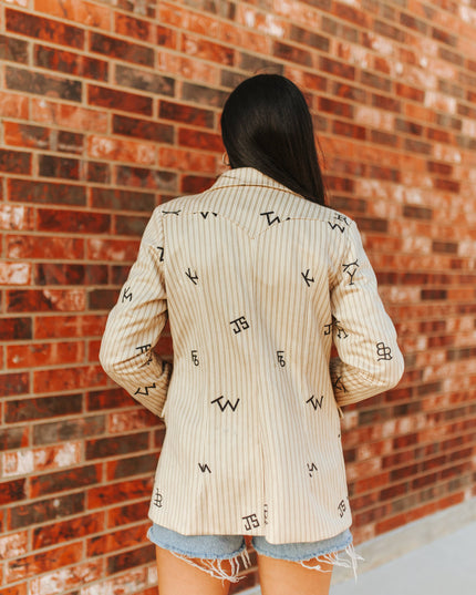 Beige Pin Stripe Cattle Branded Camel Western Yoke Blazer