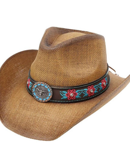 Western Longhorn Floral Strap Straw Cowboy Hat
