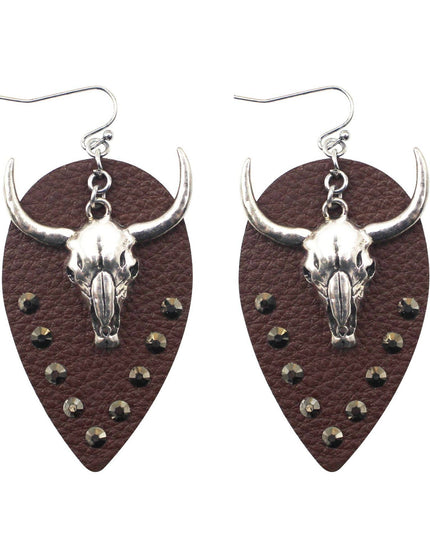 Western Style Metal Bull Head Pendant Leather Earrings