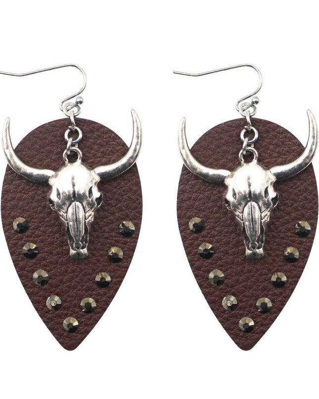 Western Style Metal Bull Head Pendant Leather Earrings
