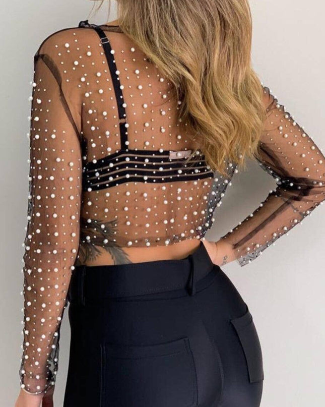Pearl rhinestone sheer mesh see through top