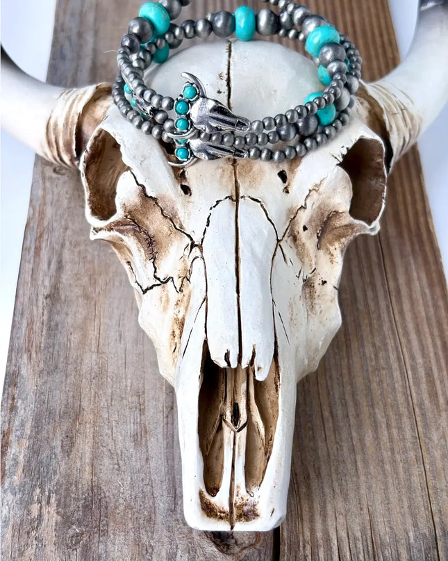 3 Layer Navajo Pearl & Stone Stackable Stretch Bracelet