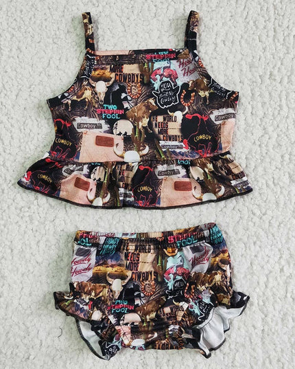 Baby girls western ruffle bummie summer sets