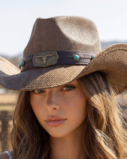 Western Longhorn Strap Turquoise Accent Cowboy Hat
