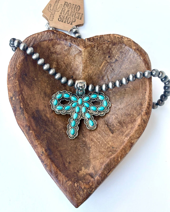 7MM Western Navajo Pearl Coquette Bow Stone Pendant Necklace