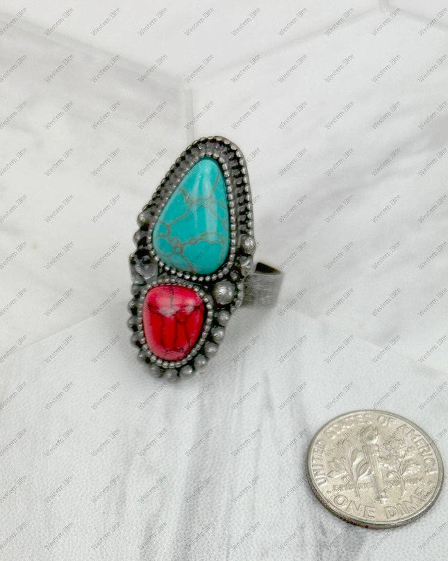 RZ231205-121           Silver metal with black and orange turquoise stone adjustable Ring