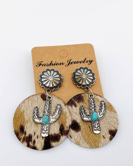 Western Style Cactus Animal Skin Double Charm Earrings - WJ