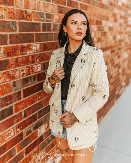 Beige Pin Stripe Cattle Branded Camel Western Yoke Blazer