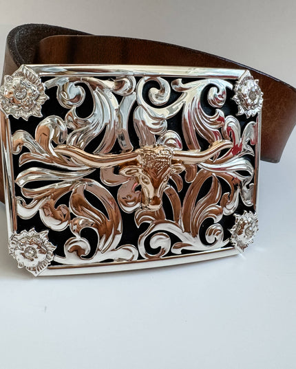 Western Longhorn Steer Metal Belt Buckle
